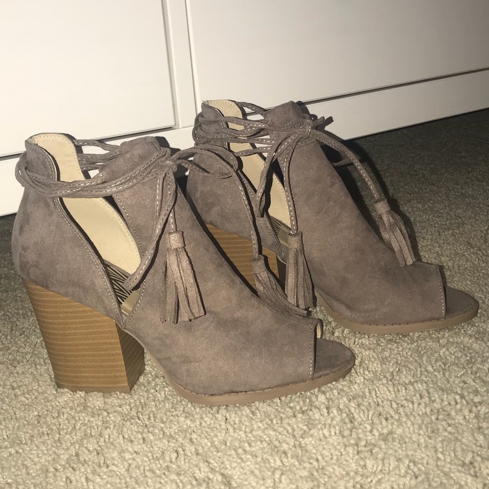 Brown peep toe block heels